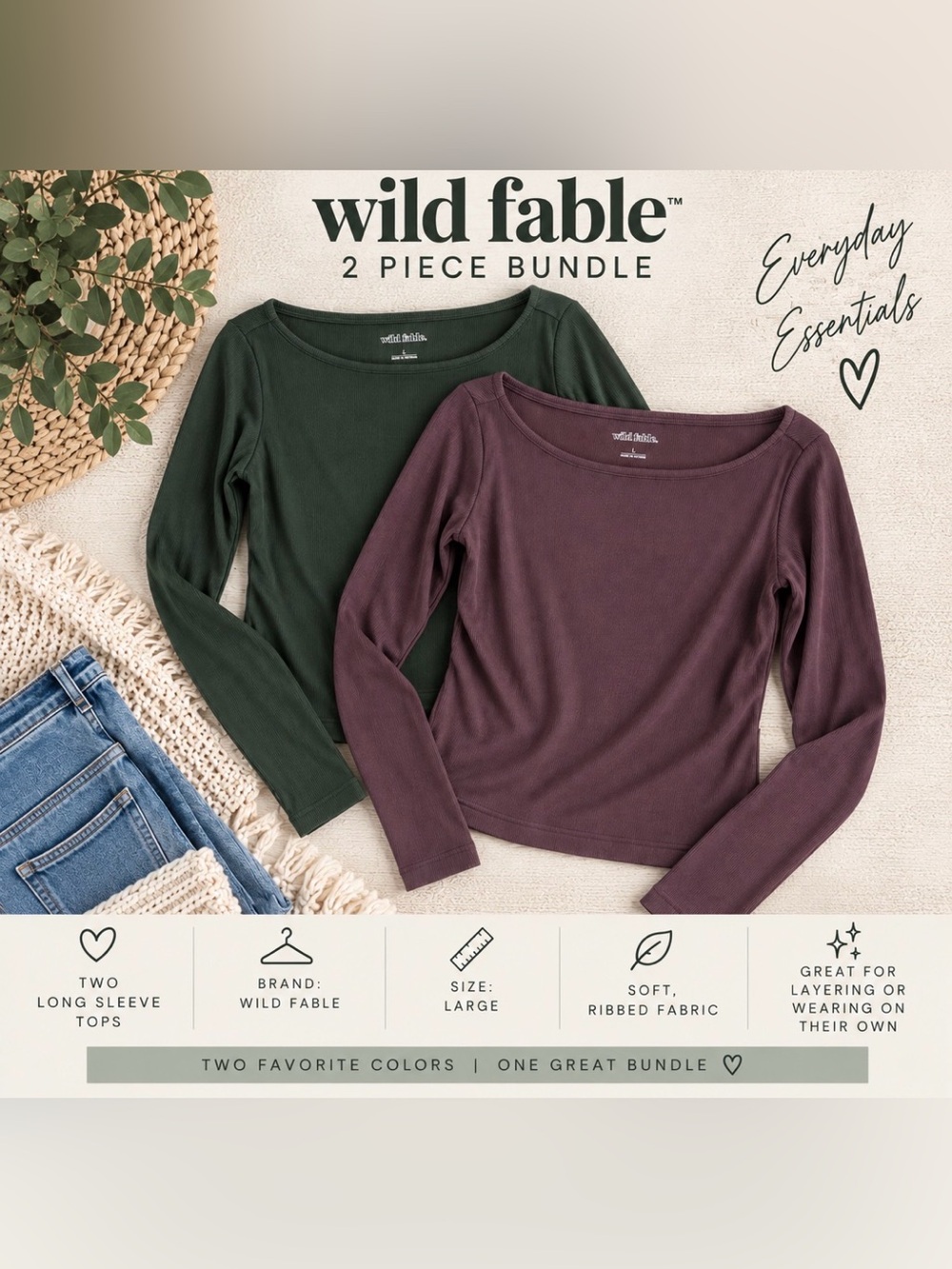 wild fable Ribbed Long-Sleeve Top Duo - Dark Green & Plum